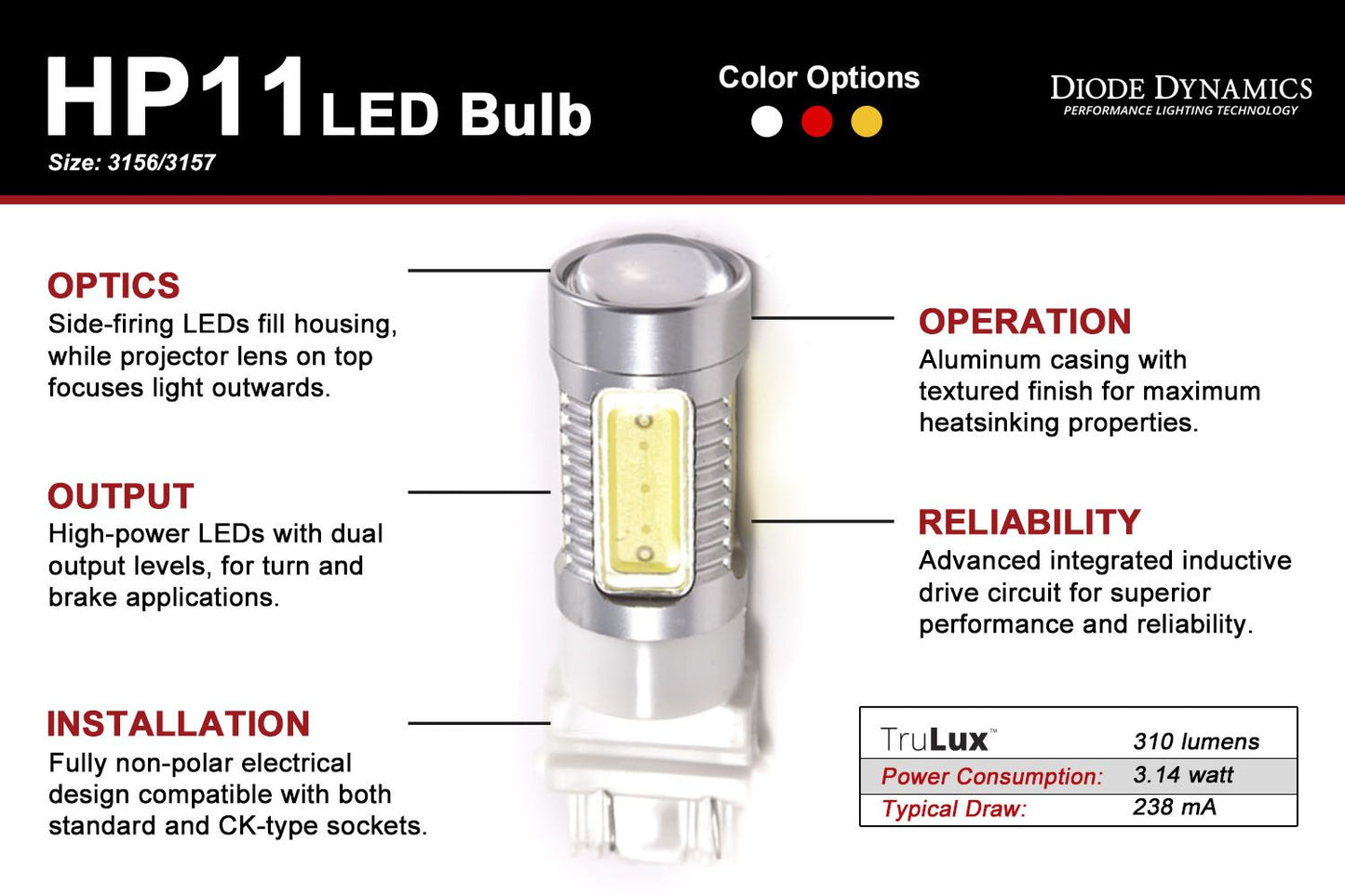 3156/3157 HP11 Backup LED Bulbs - Cool White 6000k